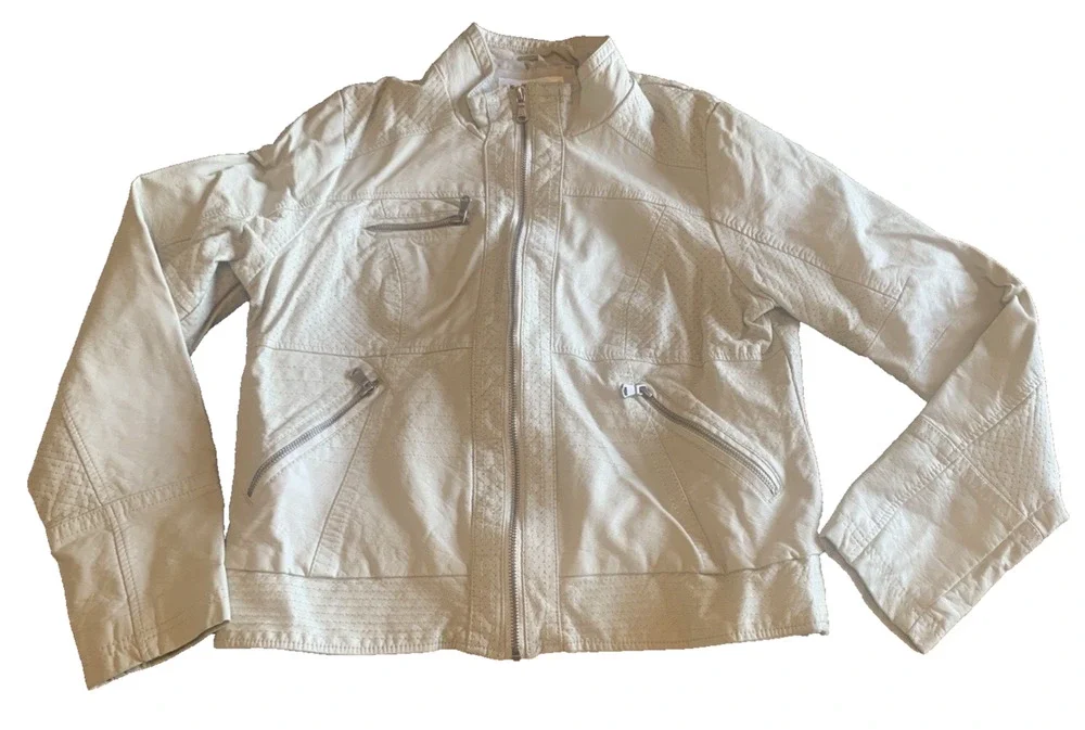 Xhilaration Moto Jacket Womens Size Extra-Large XL Beige Vegan Leather 70s Coat